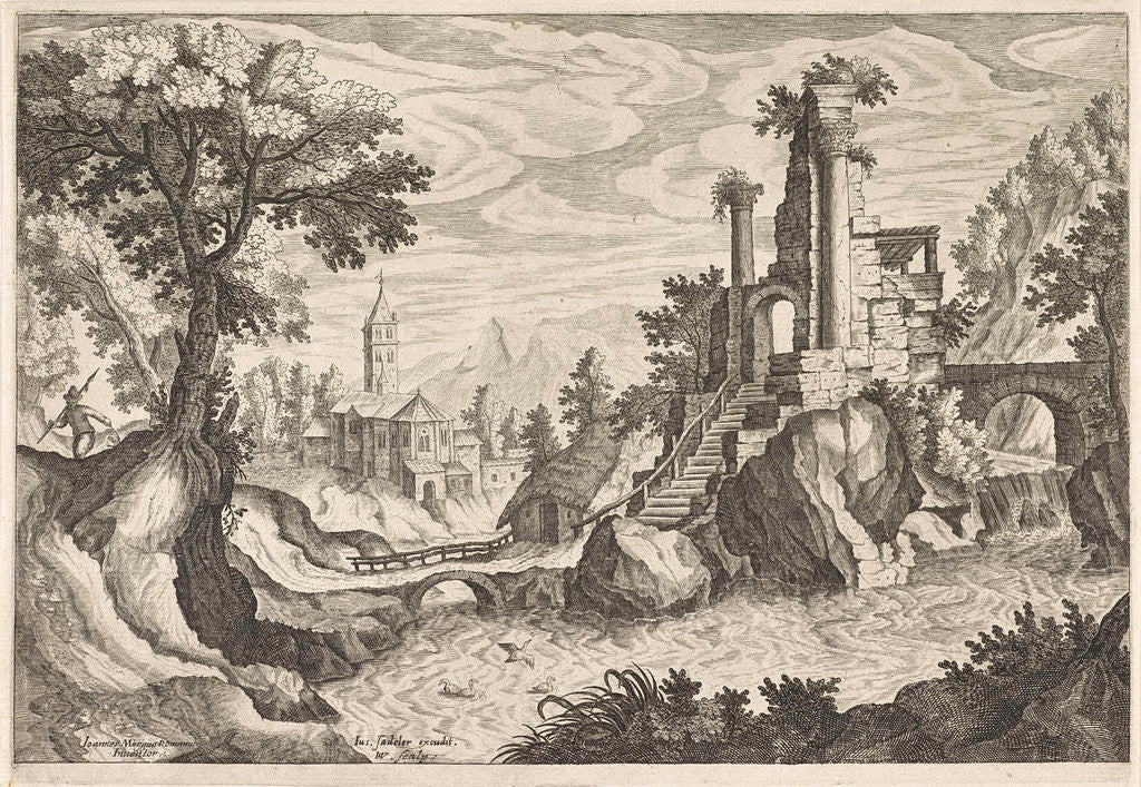 Detail of River landscape with ruins by Justus Sadeler