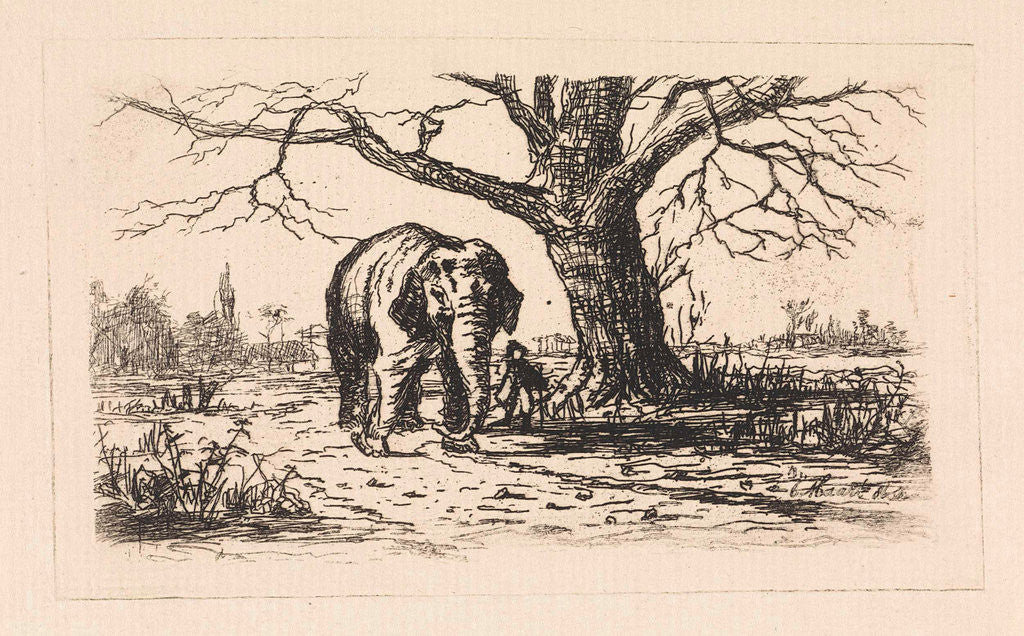 Detail of Dutch landscape with an elephant and supervisor by Elias Stark