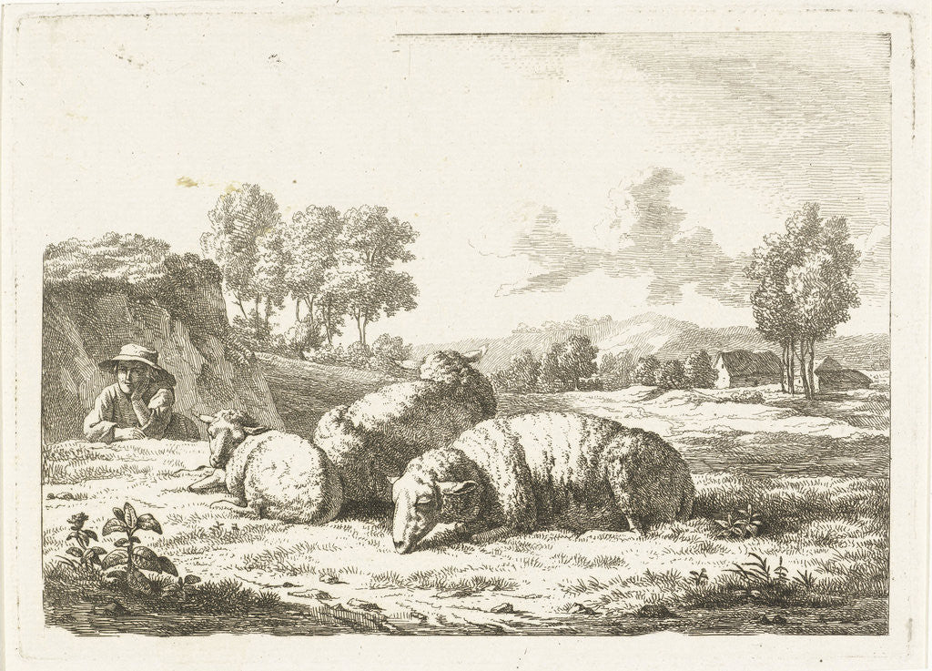 Detail of Landscape with Shepherd lying with three sheep by Frédéric Théodore Faber