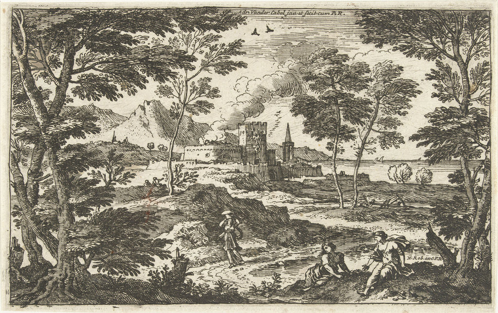 Detail of Landscape with pedestrians and castle by Adriaen van der Kabel