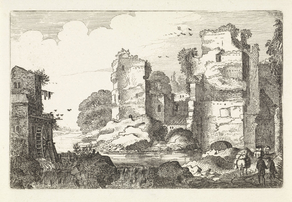 Detail of Landscape with ruins and a water mill by Jan van de Velde II