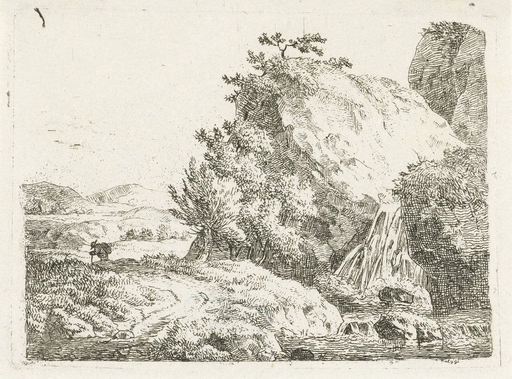 Detail of Mountain landscape with waterfall and walker by Frédéric Théodore Faber