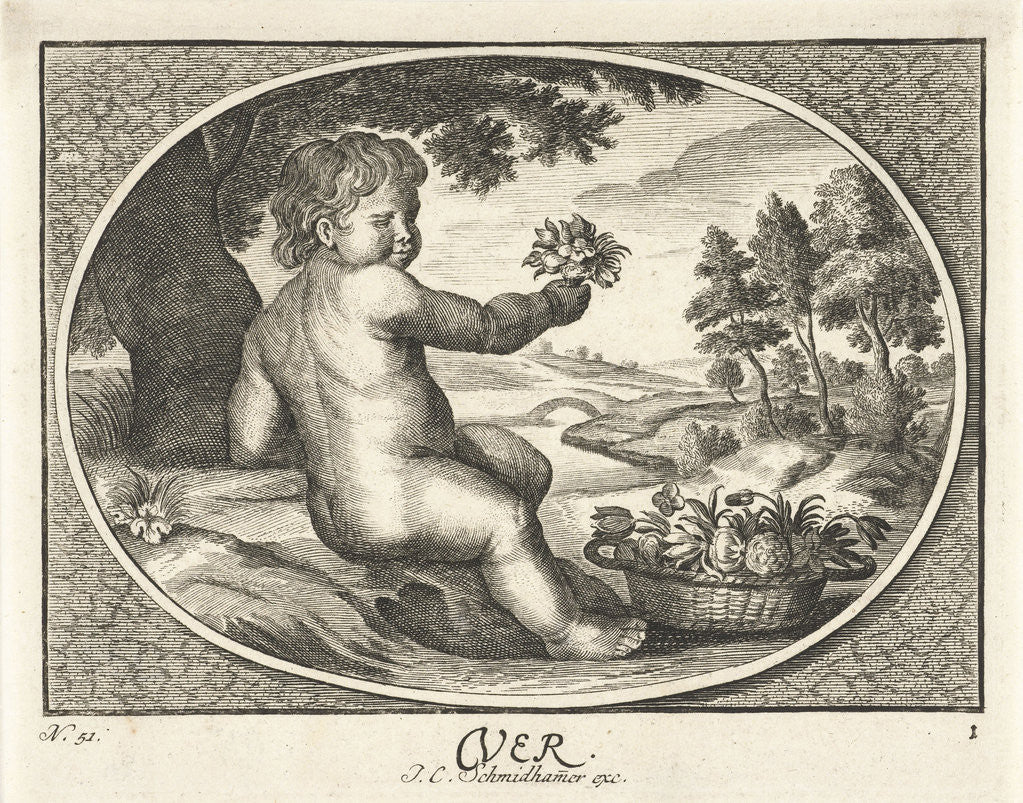 Detail of Spring in the form of child with basket of flowers in landscape in oval by Joh. Christoph Schmidhammer