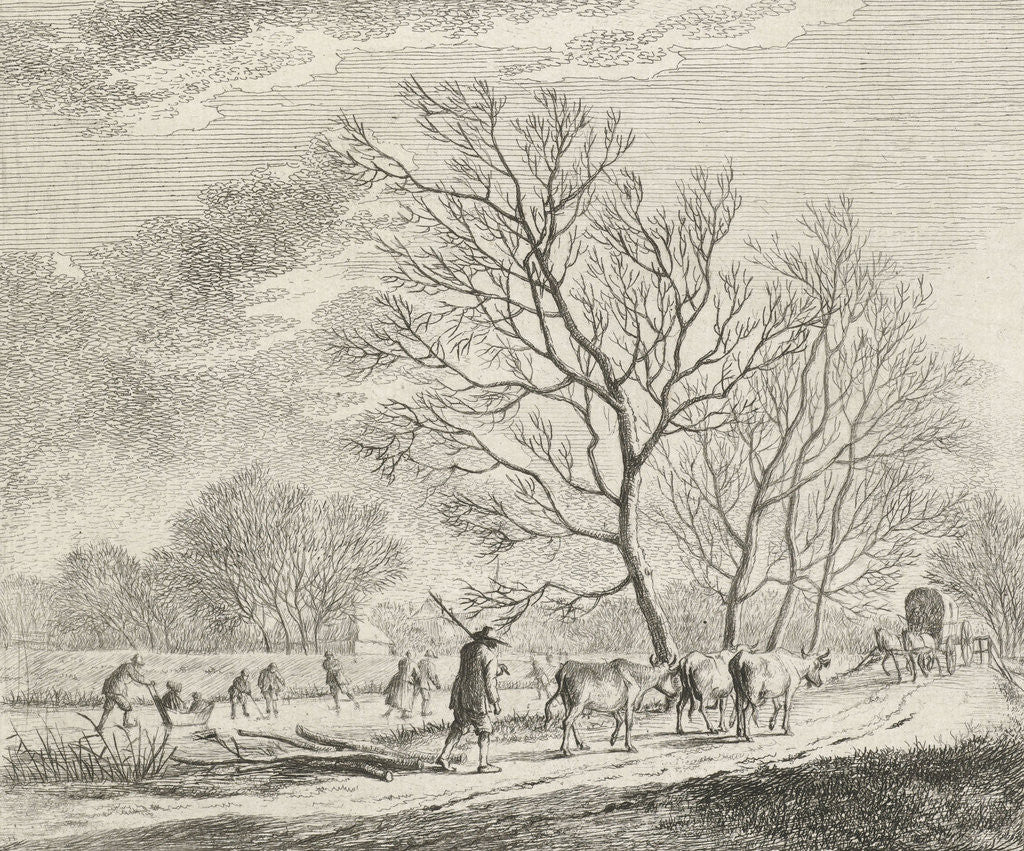 Detail of Winter Landscape with cows and skaters by Johannes Janson