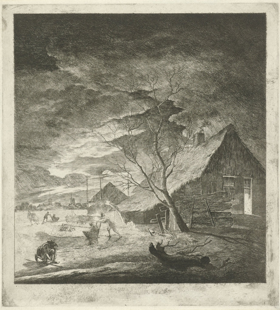 Detail of Night Landscape with farm and skaters by Johannes Janson