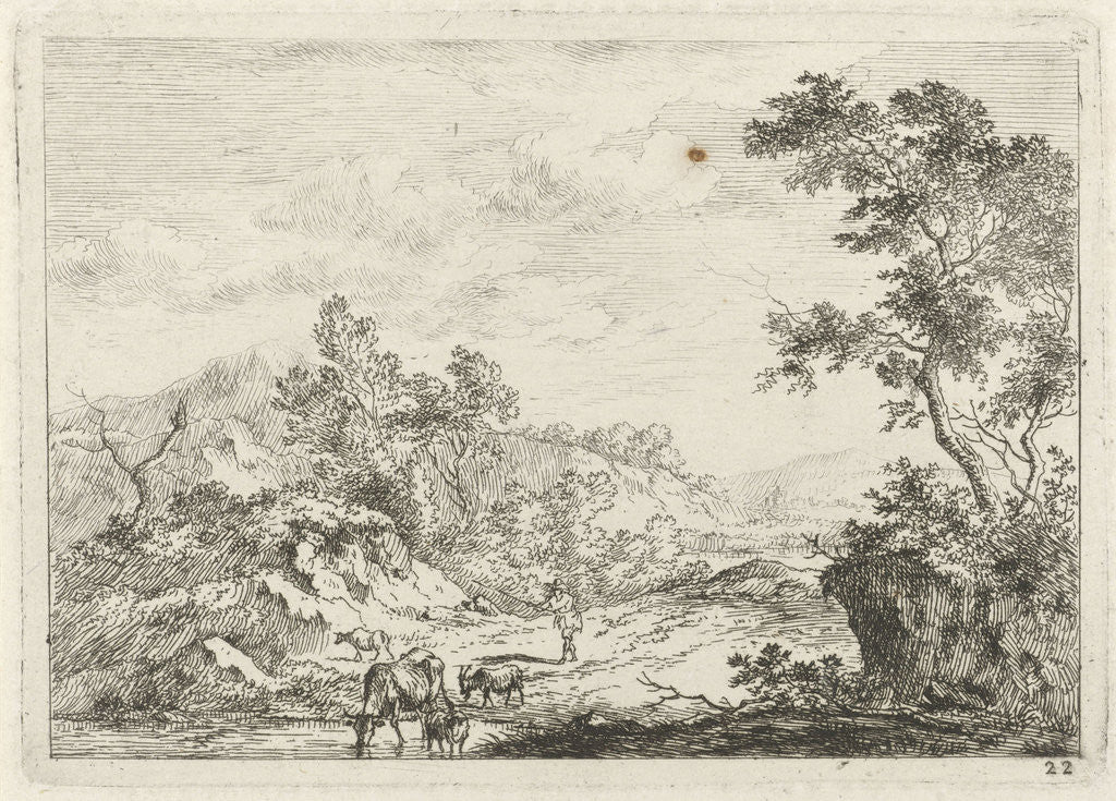 Detail of Landscape with shepherd and cattle by brook by Johannes Janson