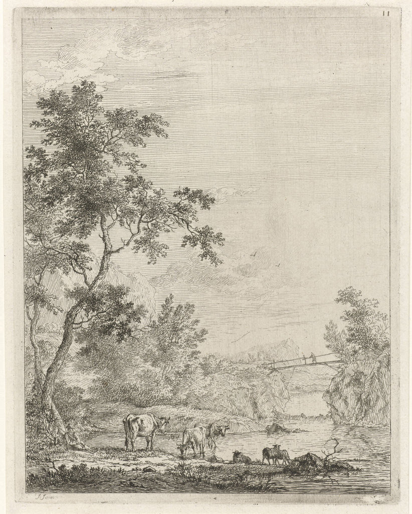 Detail of Mountainous landscape with shepherd and cattle by river by Johannes Janson