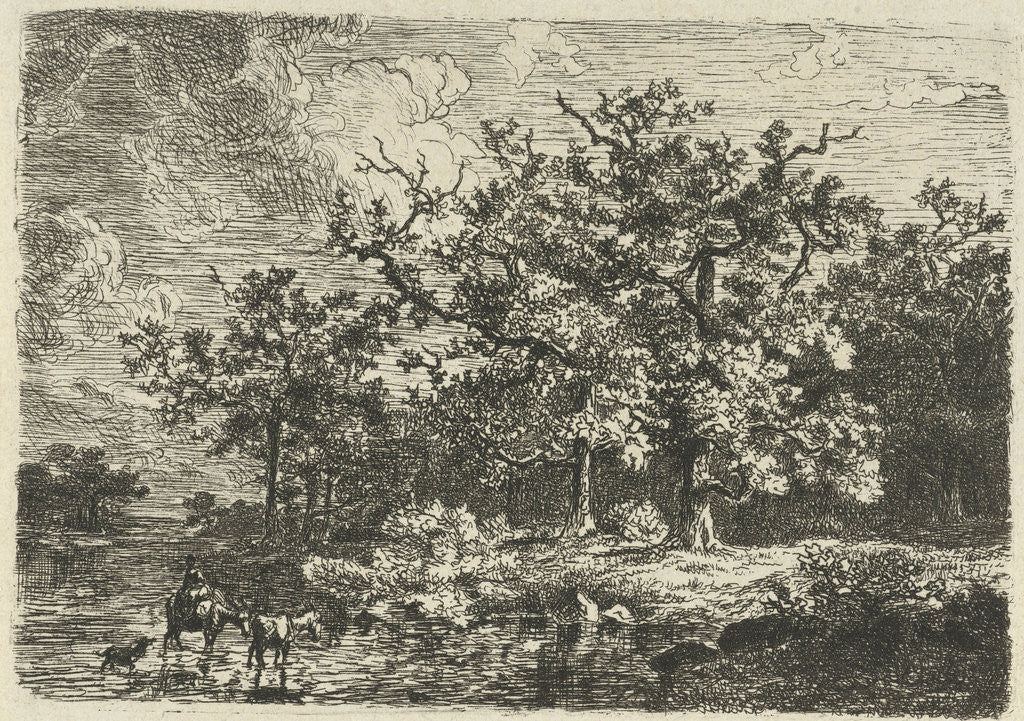 Detail of Landscape with trees and woman on a a donkey in shallow water by Willem Jan van den Berghe