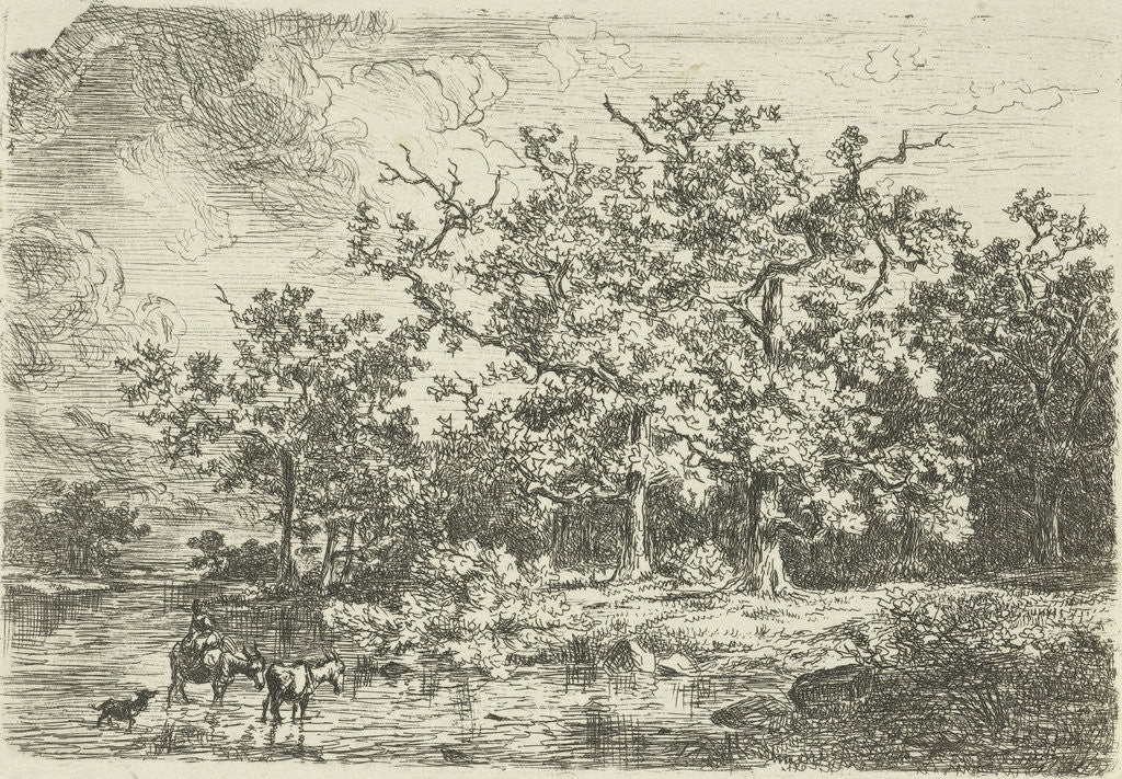 Detail of Landscape with trees and woman on a donkey in shallow water by Willem Jan van den Berghe