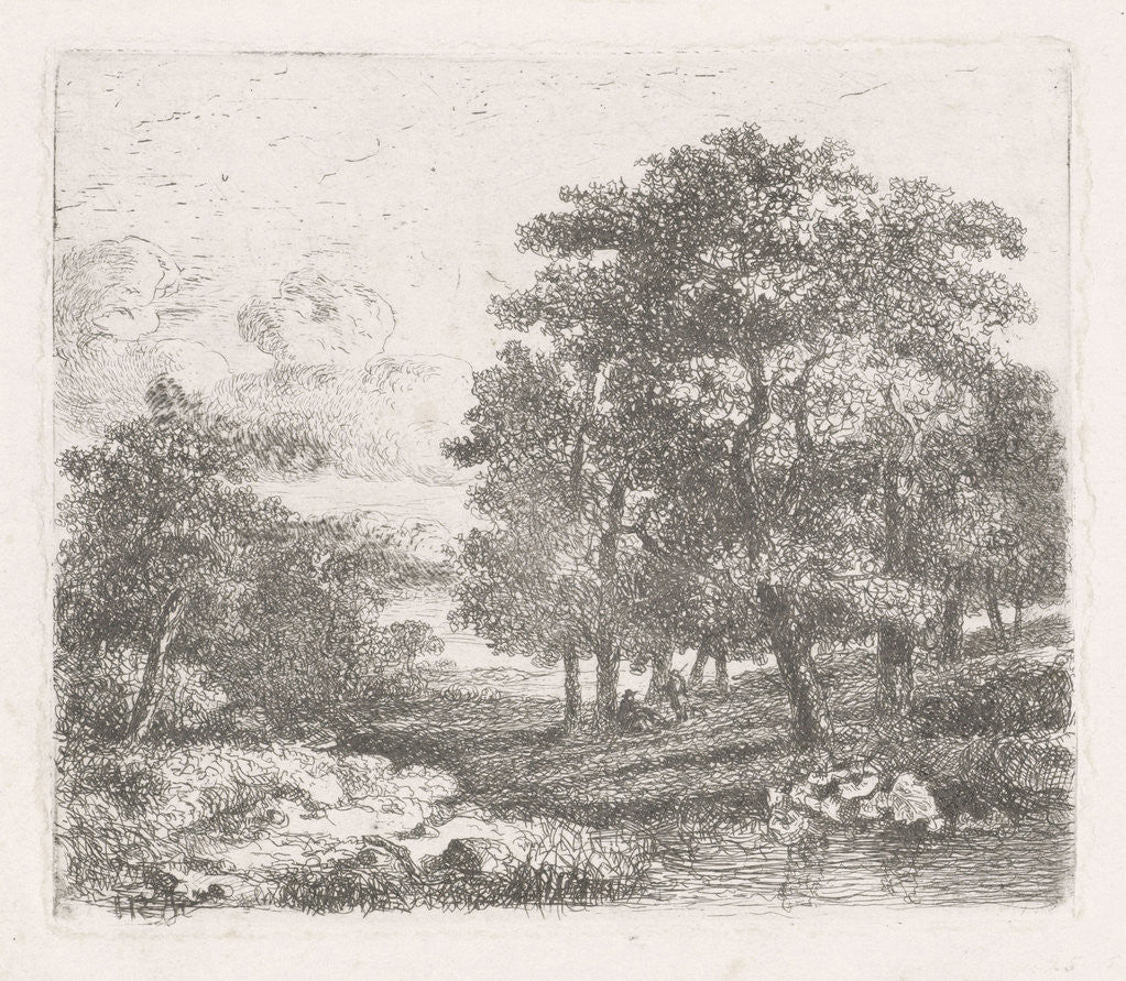 Detail of Wooded landscape with two men conversing by Hermanus Jan Hendrik van Rijkelijkhuysen