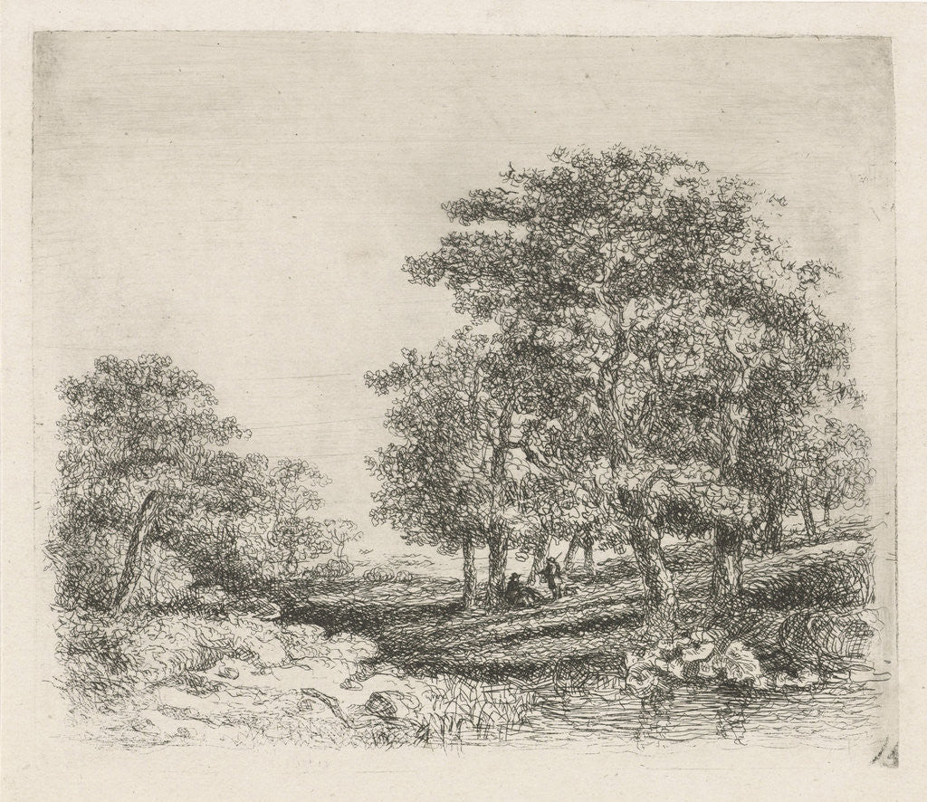 Detail of Wooded landscape with two men conversing by Hermanus Jan Hendrik van Rijkelijkhuysen