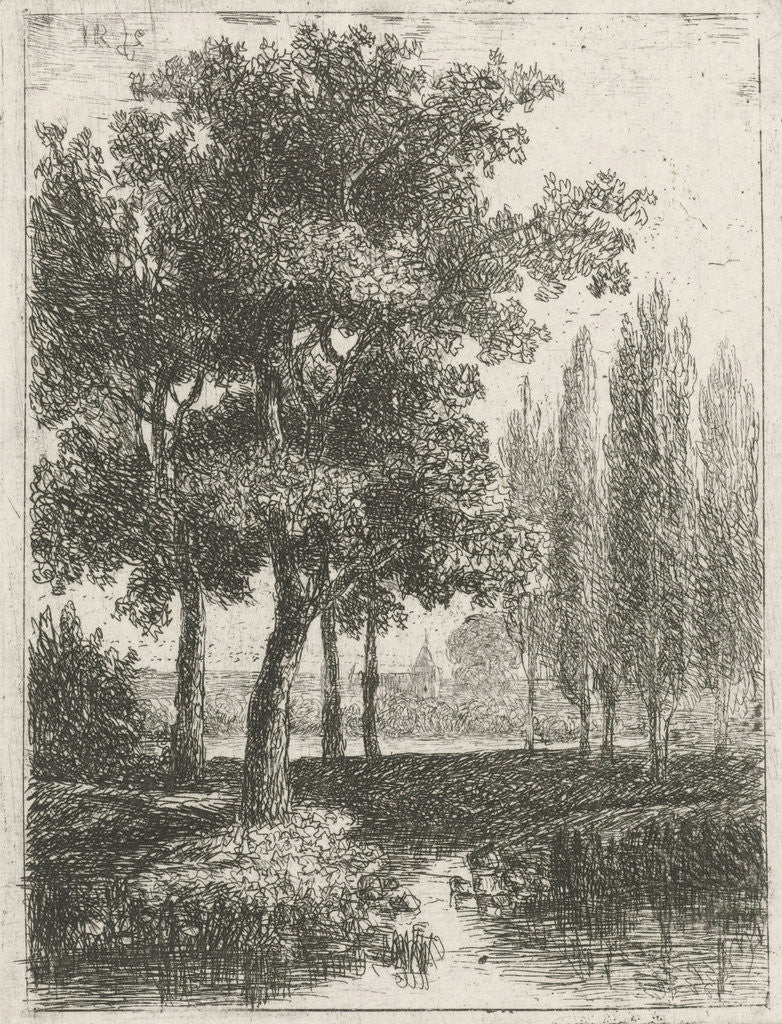 Detail of Landscape with brook and poplars by Hermanus Jan Hendrik van Rijkelijkhuysen