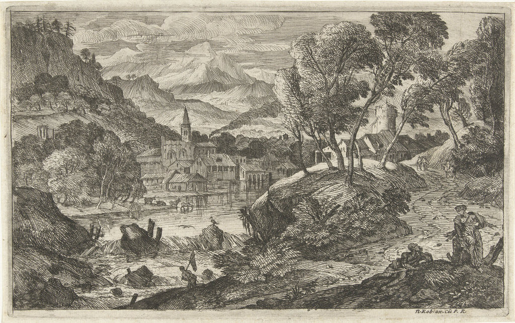 Detail of Landscape with waterfall and village by Lodewijk XIV