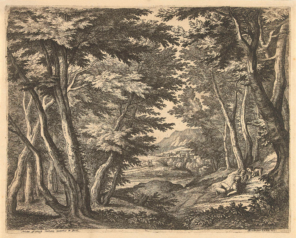 Detail of Landscape with three men in a clearing in the forest by Martinus van den Enden II