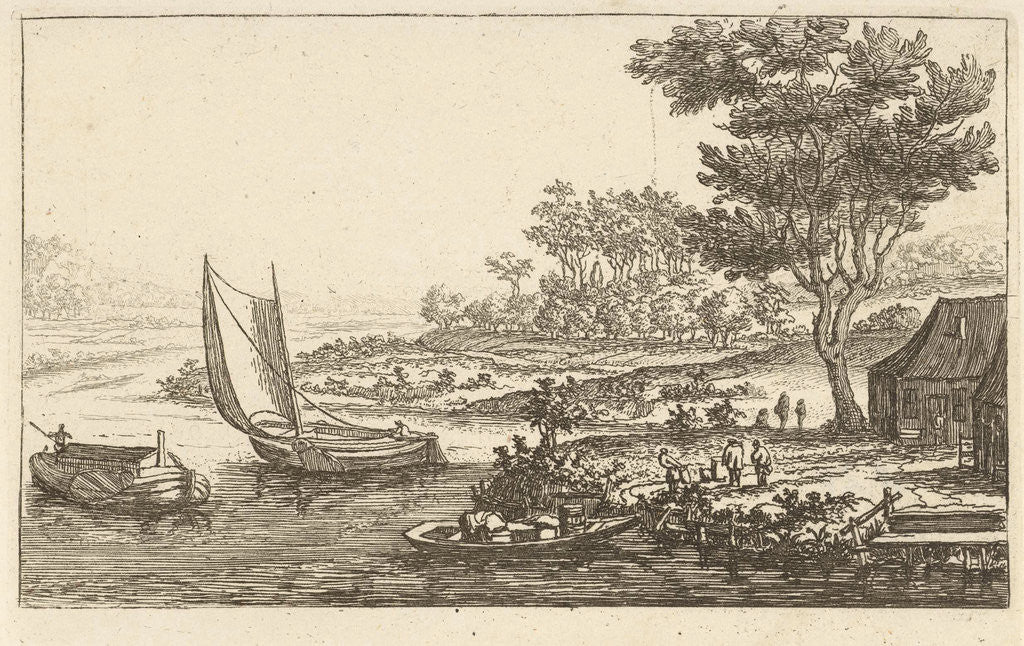 Detail of River Landscape with three boats by Jan van Almeloveen