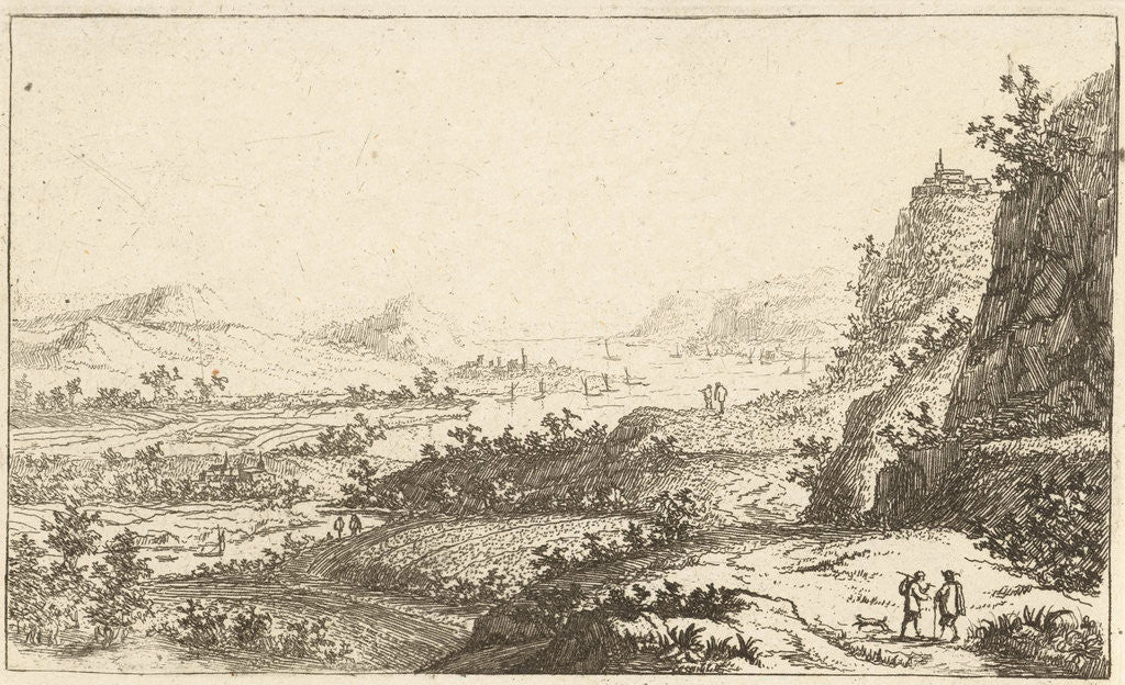 Detail of River Landscape with walkers by Jan van Almeloveen