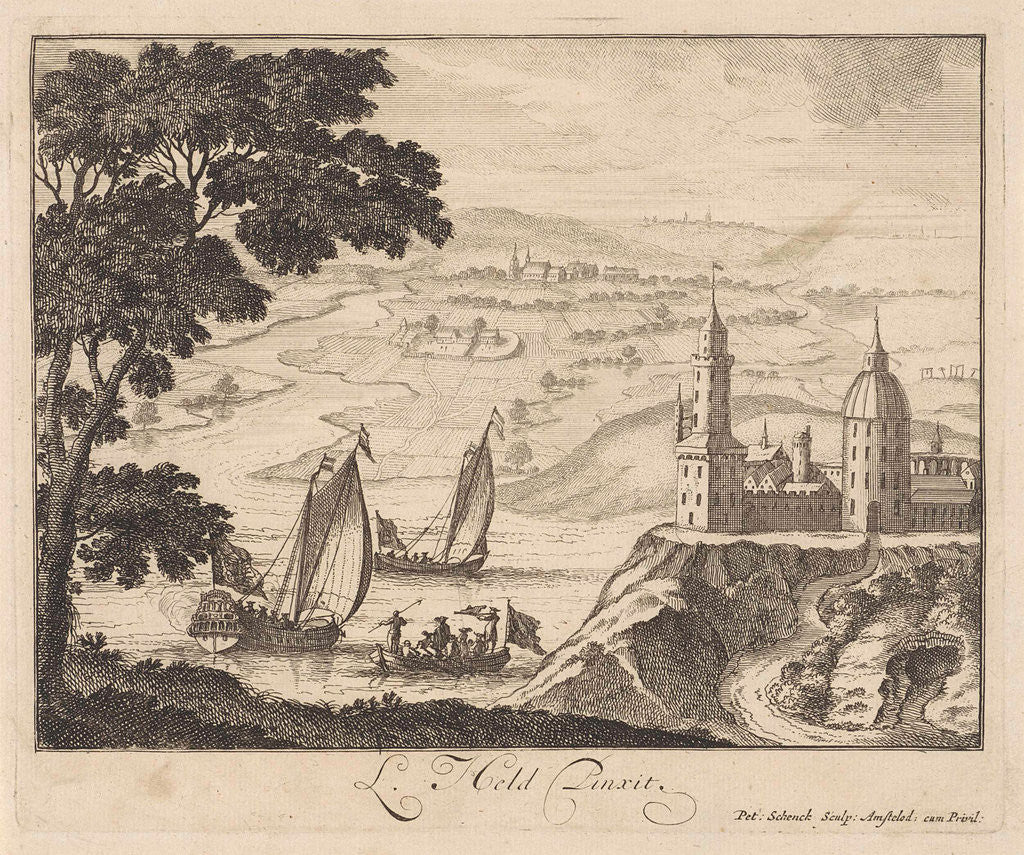 Detail of Landscape with river and castle on hill by Anonymous