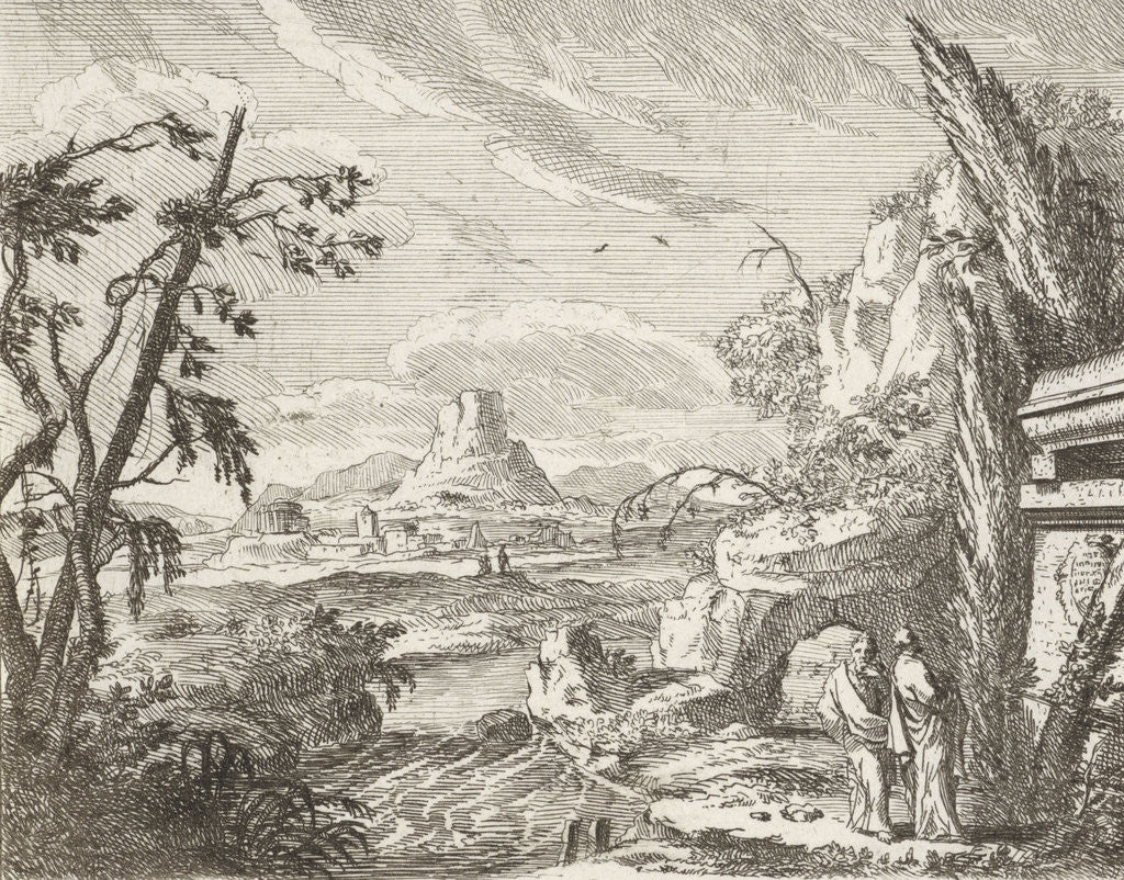 Detail of Landscape with mountains and ruinous buildings by Anonymous