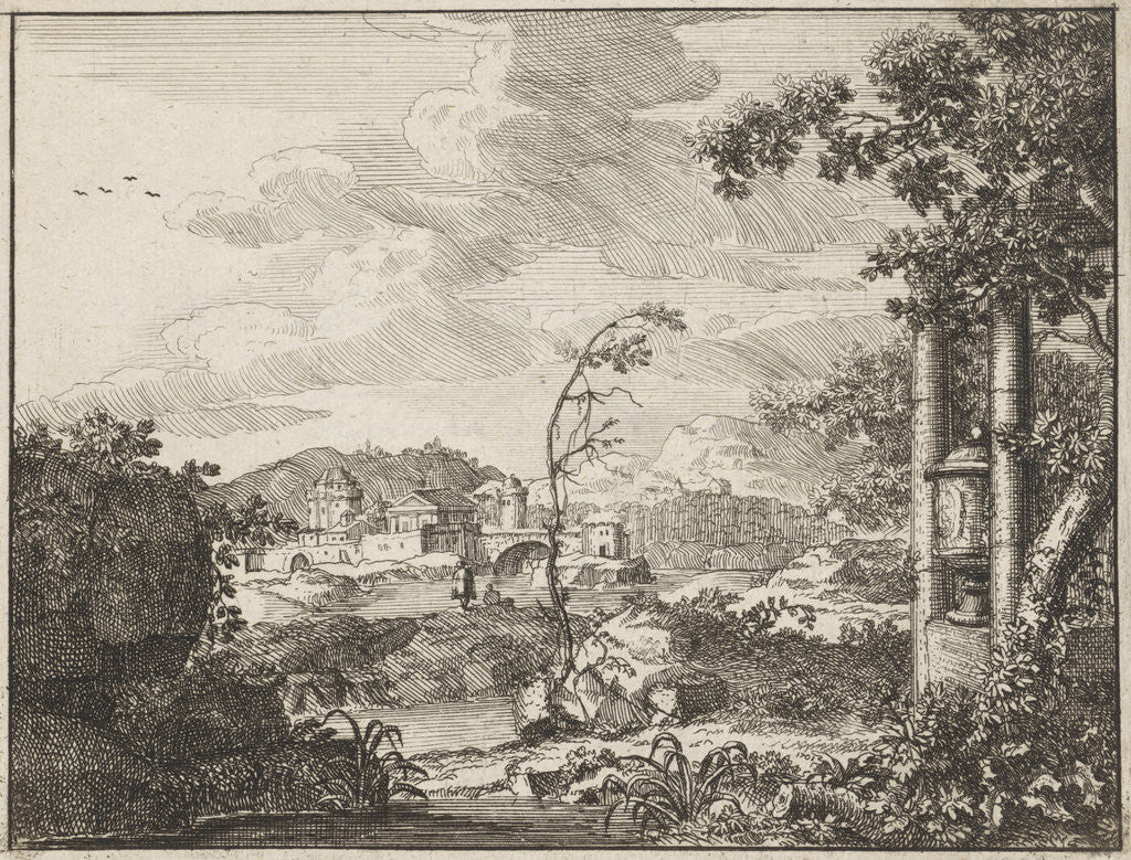 Detail of River landscape with hills and a town by Anonymous