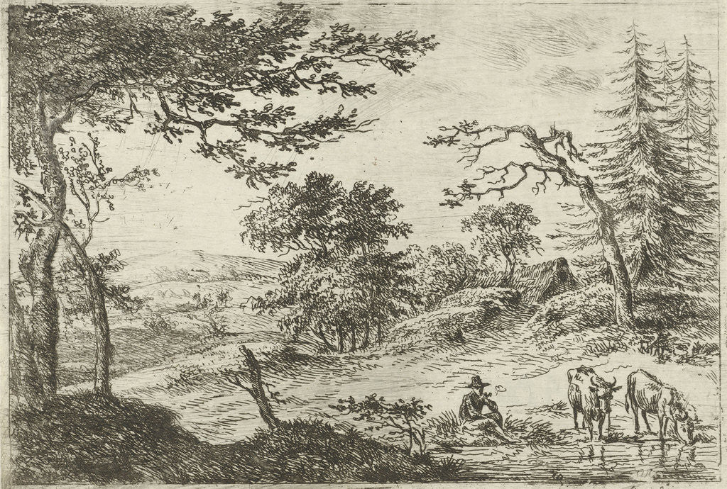 Detail of Landscape with Shepherd and two cows near a pond by Anthony Oberman