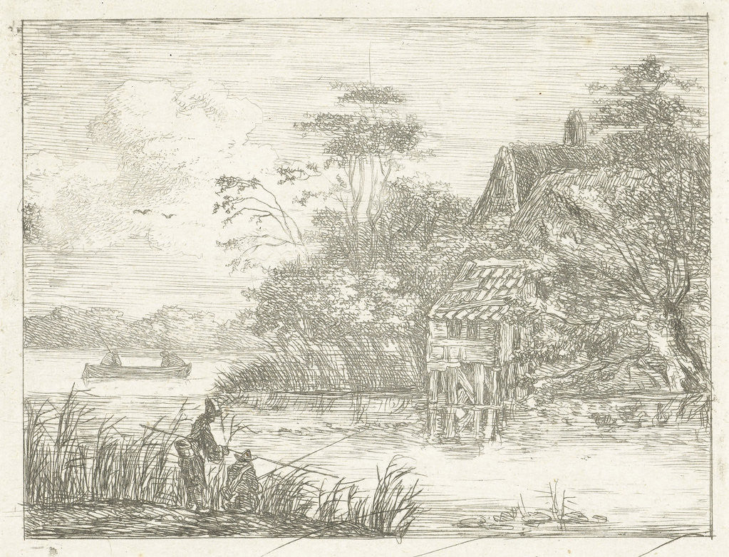 Detail of Landscape with farm water and two fishermen by Albertus Brondgeest