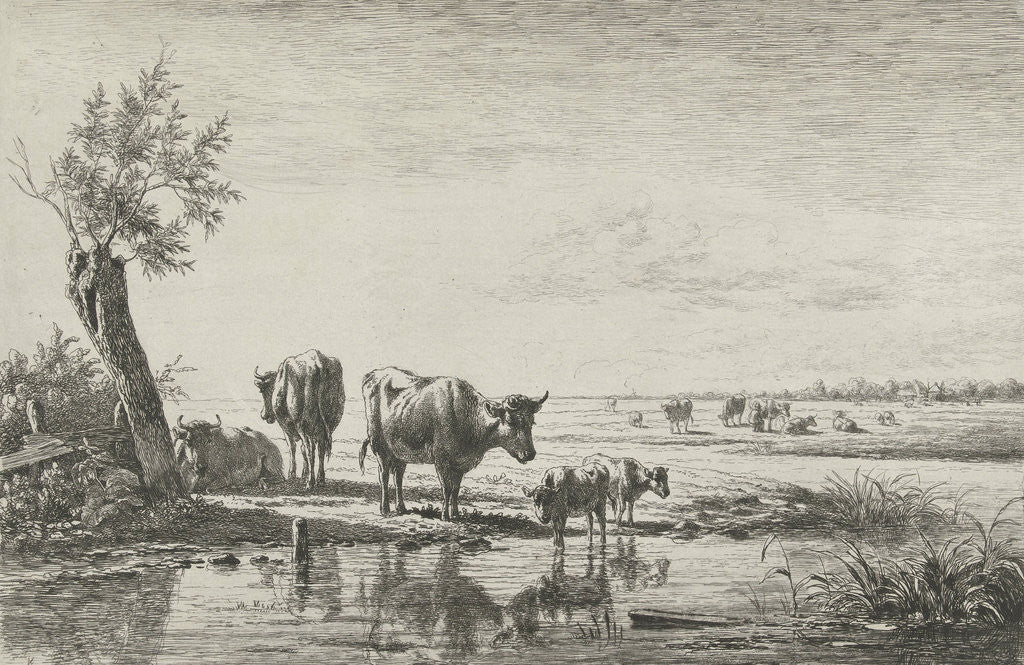 Detail of Meadow Landscape with cows in water by Simon van den Berg