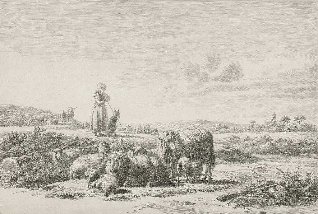 Detail of Landscape with shepherd dog with sheep herd by Simon van den Berg