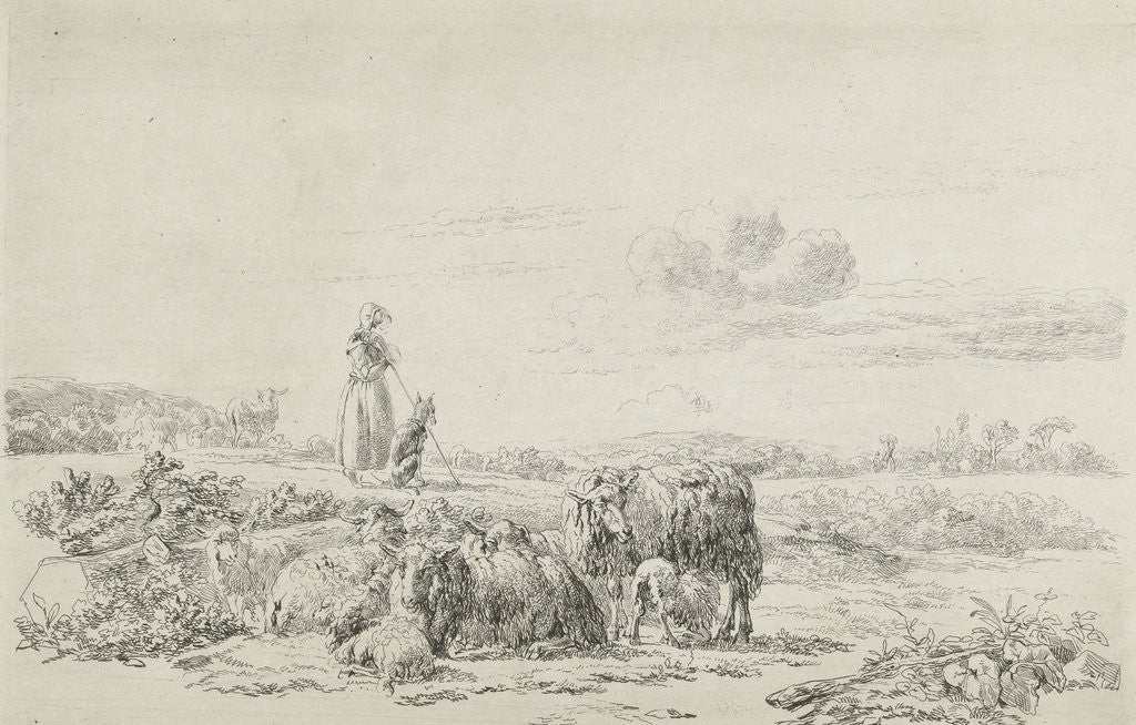 Detail of Landscape with shepherd dog with sheep herd by Simon van den Berg