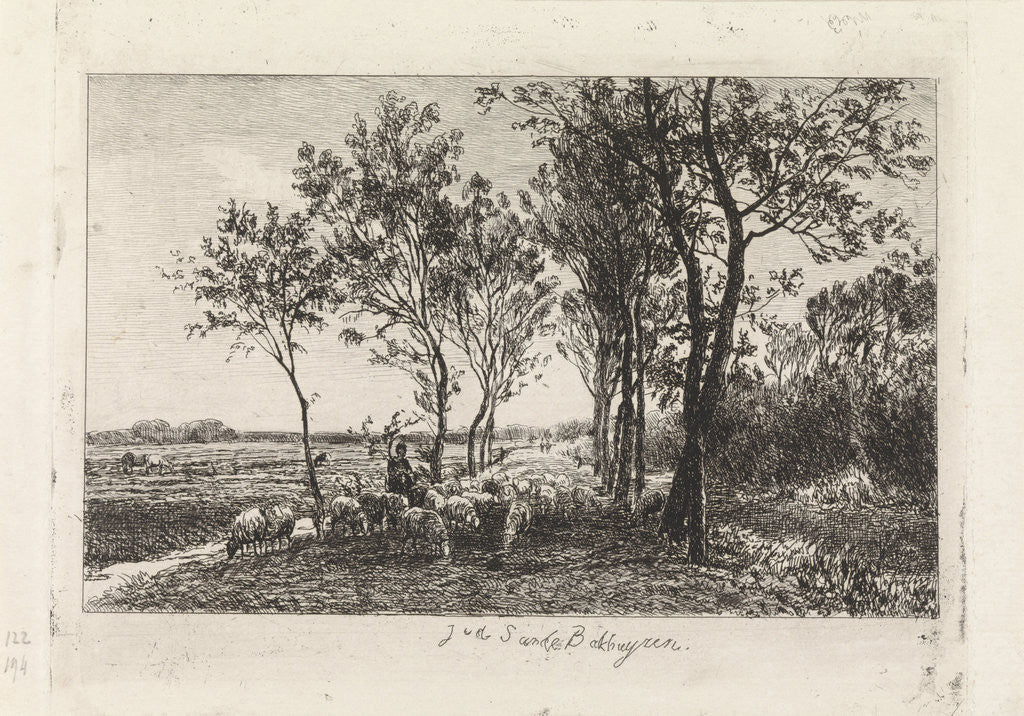 Detail of Landscape with Shepherd and flock of sheep by Julius Jacobus van de Sande Bakhuyzen