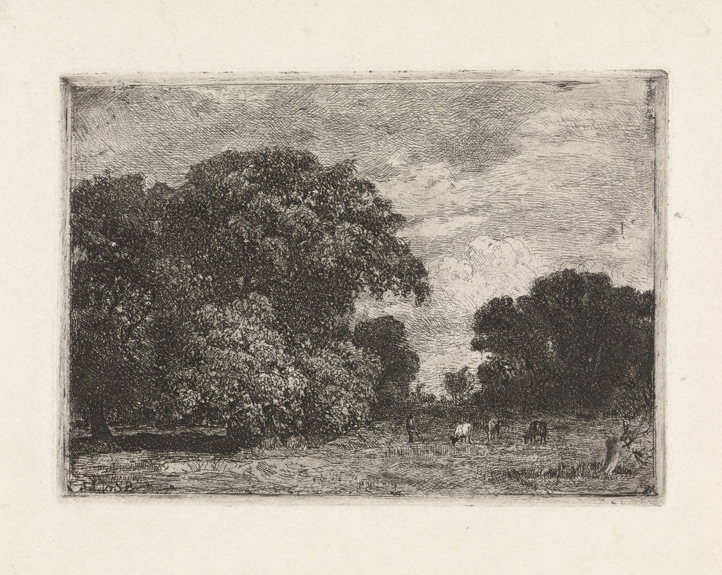 Detail of Landscape with three trees and grazing cows by Julius Jacobus van de Sande Bakhuyzen