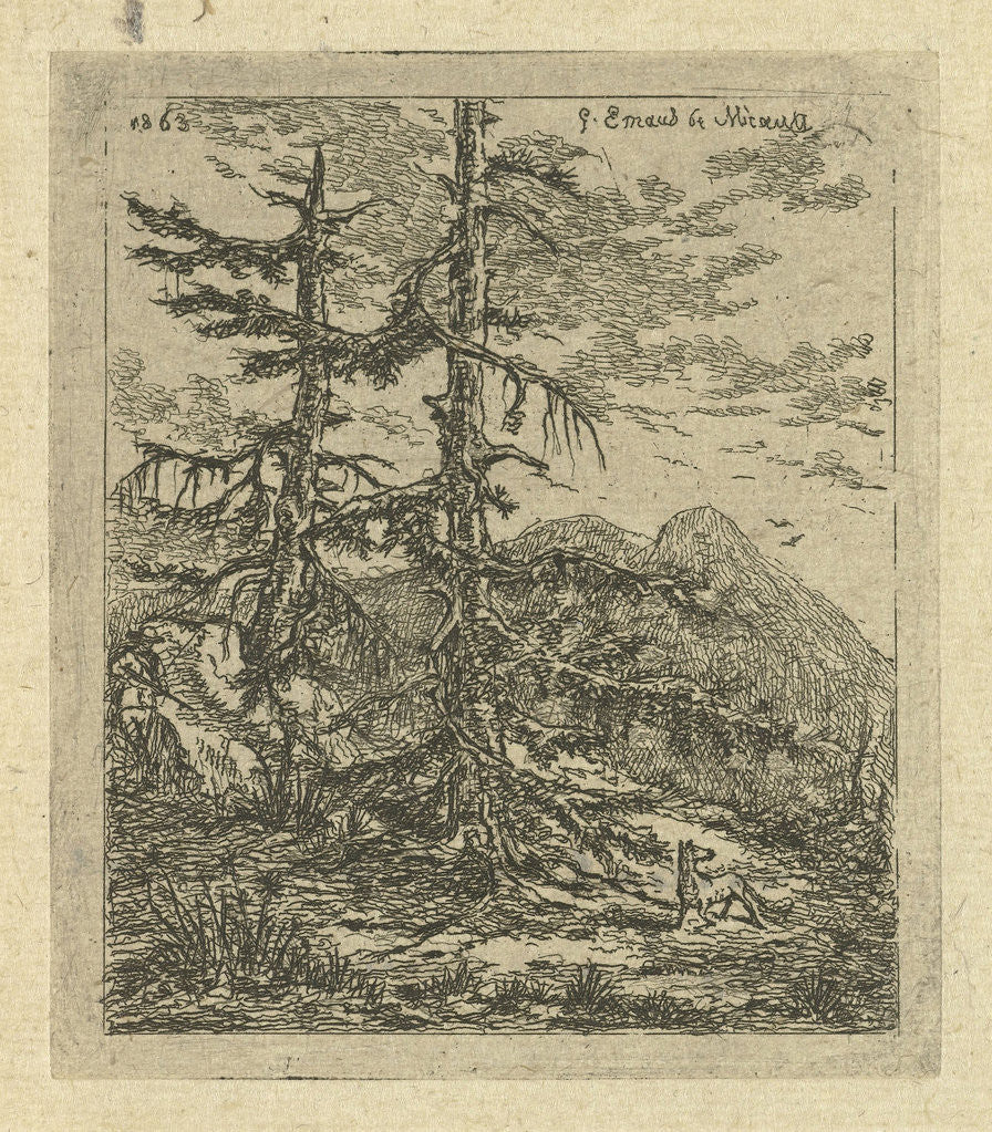 Detail of Mountain landscape with two firs by Gerardus Emaus de Micault