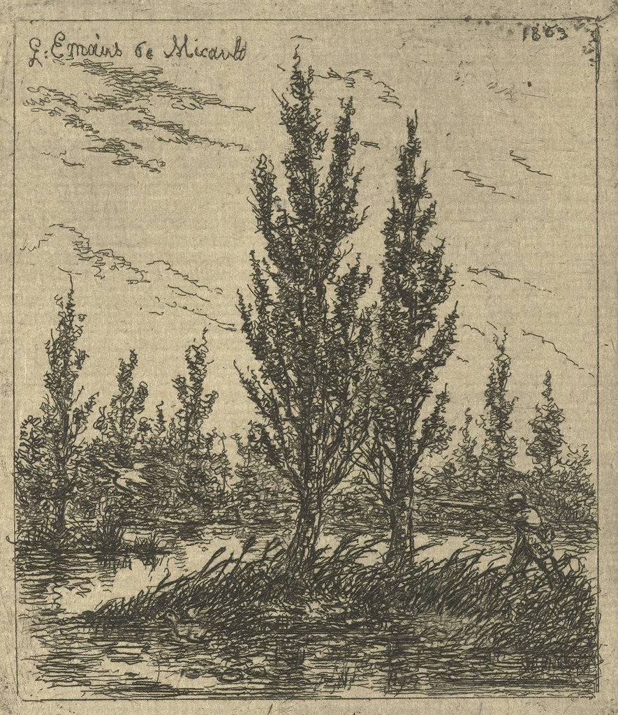 Detail of Landscape with hunter and poplars by Gerardus Emaus de Micault