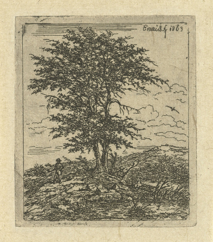 Detail of Landscape with oak and hunter by Gerardus Emaus de Micault