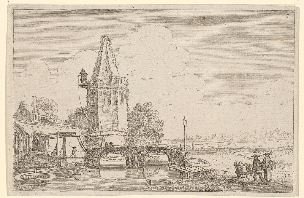 Detail of Landscape with a tower and a bridge over River Niers by Jan van de Velde II