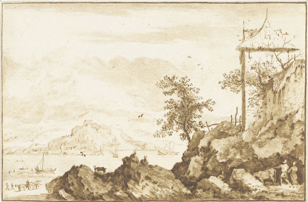 Detail of Landscape with in the background the river Rhine, a city wall and two hikers with a cow by Jurriaan Cootwijck