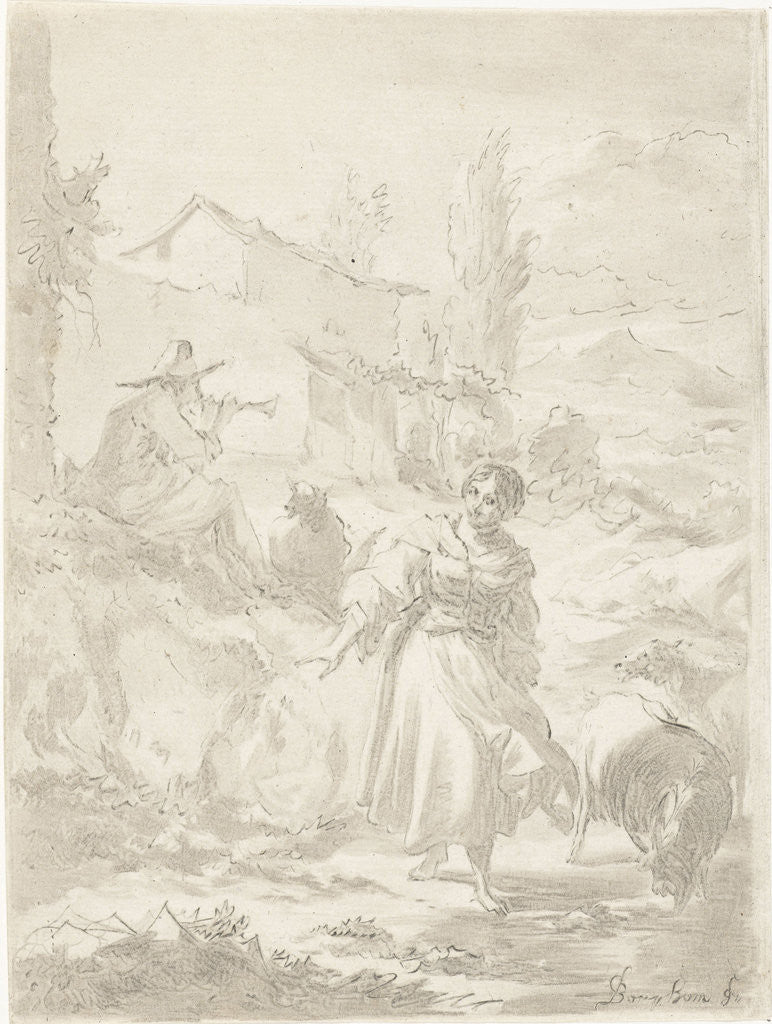 Detail of Shepherd sits on a rock and plays pipe, a shepherdess, goats by Jurriaan Cootwijck