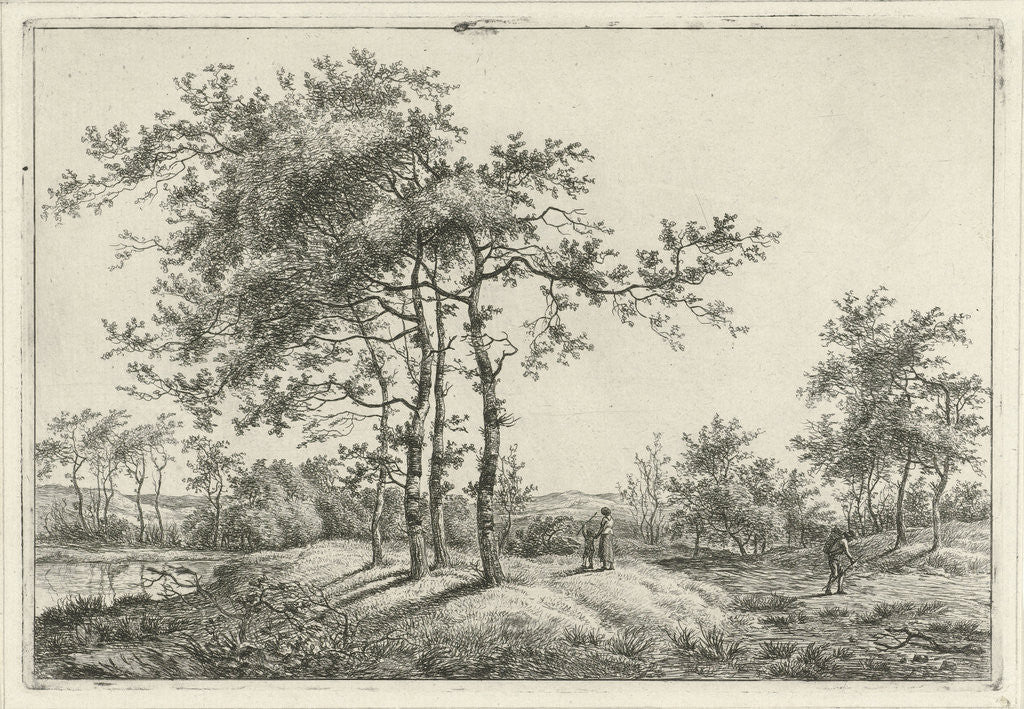 Detail of In a landscape with tall trees, a woman and a child in the grass, on the path, a man with a basket on his back by Hermanus Fock