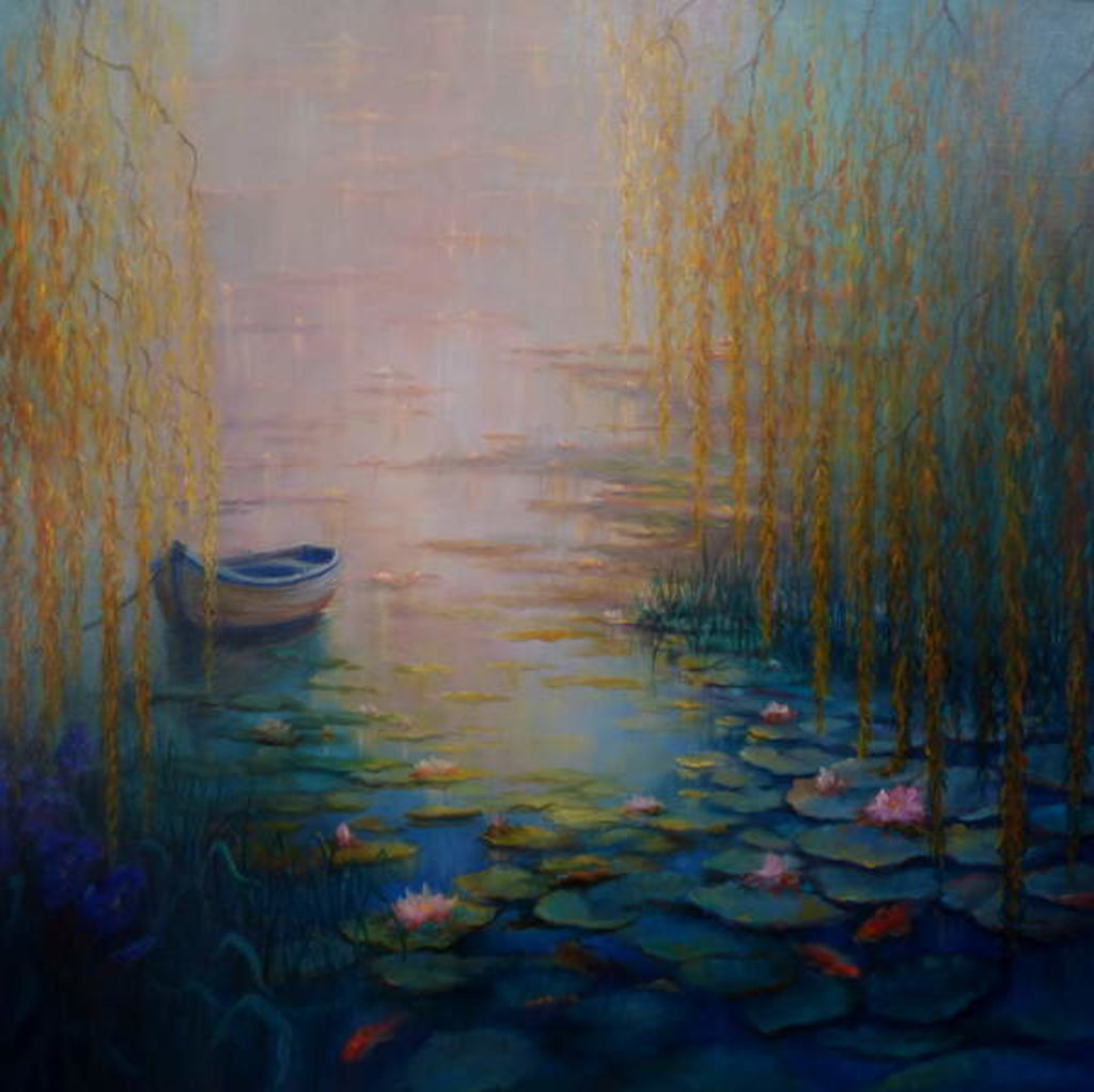 Detail of Sanctuary, 2018willows, lake and water lilies, boat by Lee Campbell