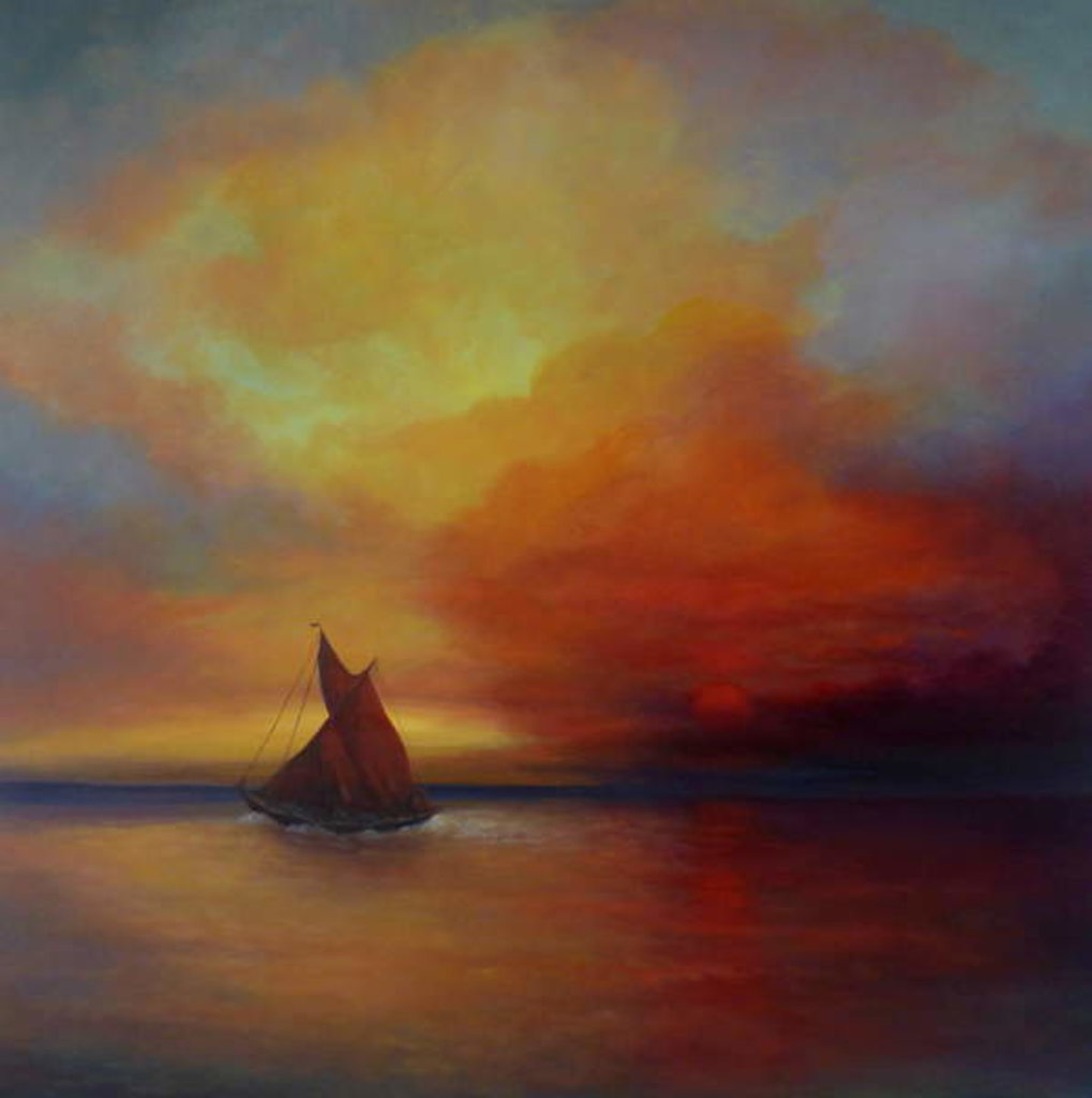 Detail of Red Sails, 2018 Thames Barge at sunset. by Lee Campbell