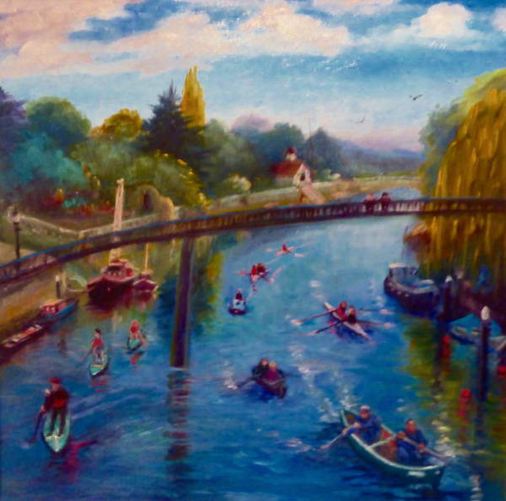 Detail of Twickenham Afloat, 2019 Summer view from Eel Pie Island bridge. by Lee Campbell