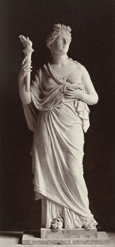 Detail of Marble statue of a woman in robe with a bare chest, in her hand she carries a torch by Louis-Emile Durandelle