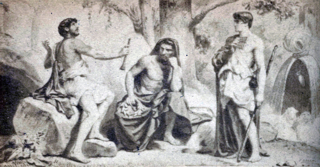 Detail of Virgil scene from the Bucolica, three half-naked men in landscape by F. Barrias