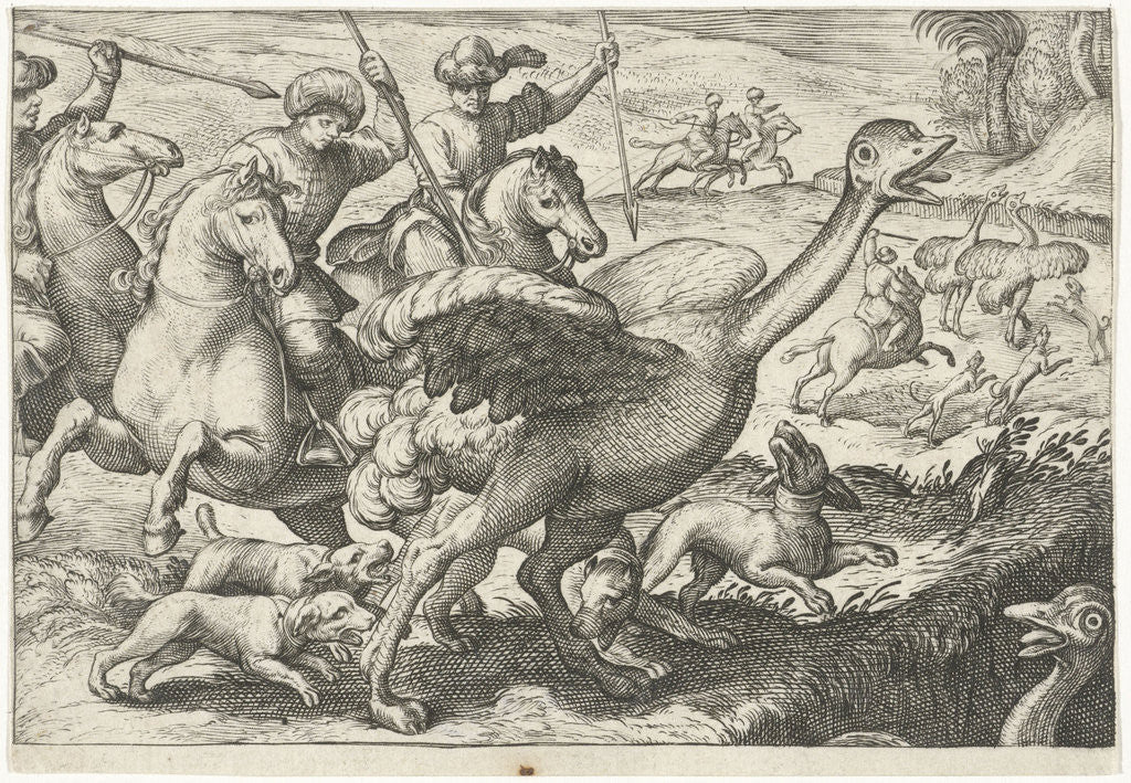 Detail of Landscape with ostrich hunt, Egbert Jansz., Antonio Tempesta by Johann Theodor and Johann Israel de Bry