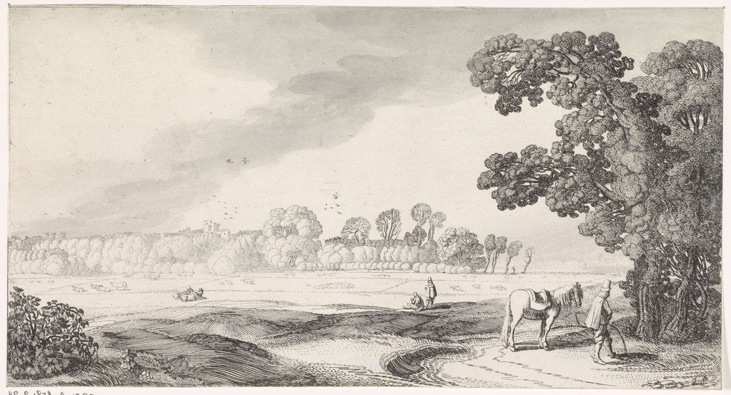 Detail of Meadow Landscape with peeing man by Jan van de Velde II