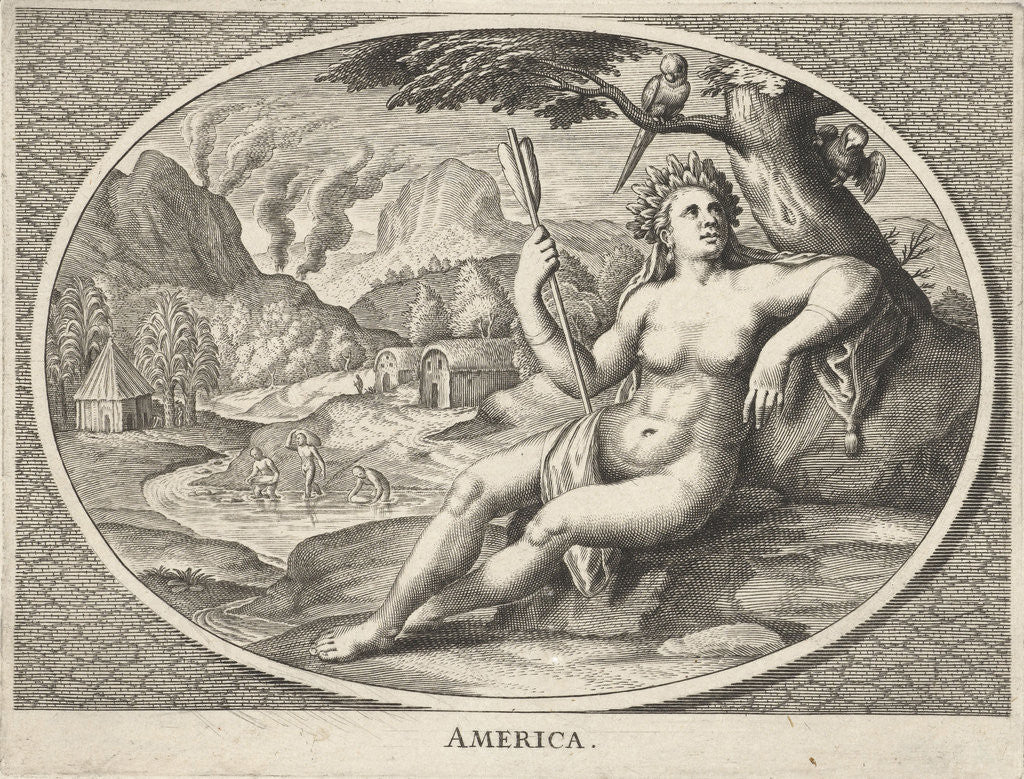 Detail of female personification of America continent as a woman with headdress of feathers and arrow in landscape by Cornelis van Dalen II