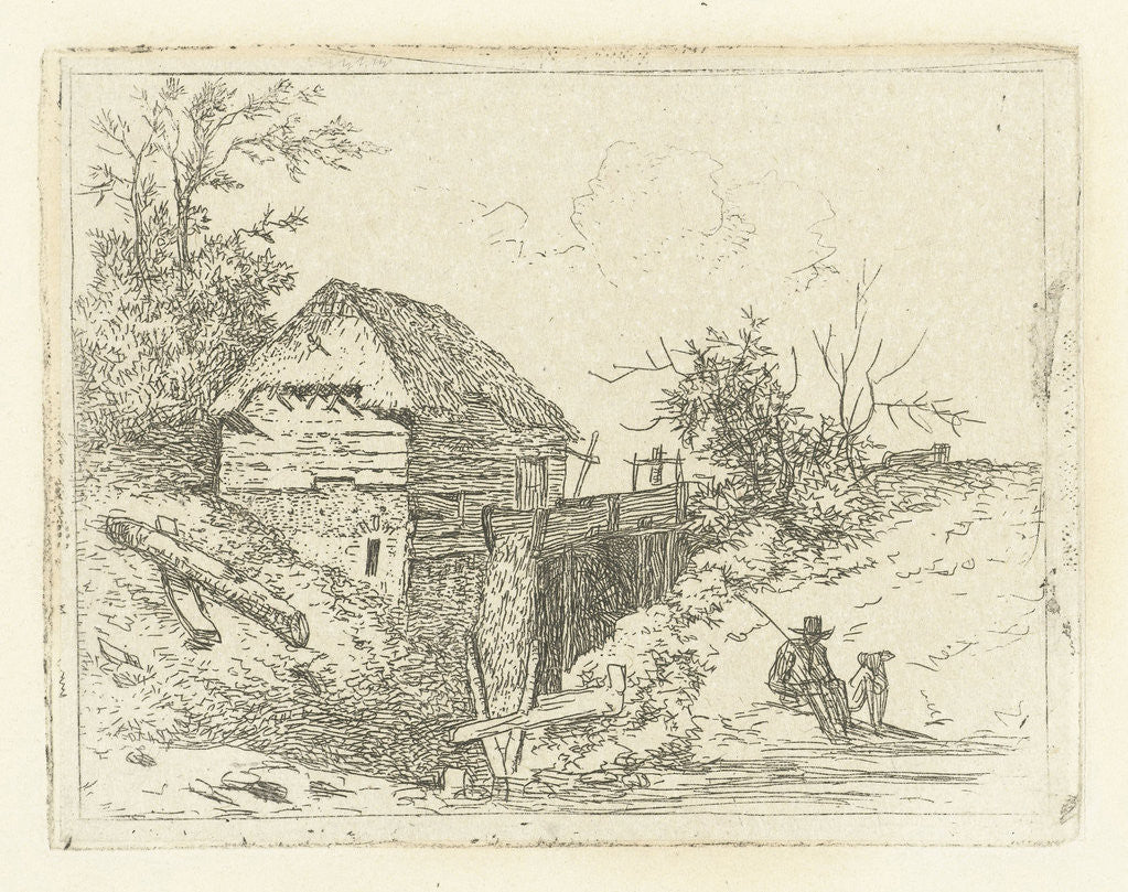 Detail of Landscape with water mill and man with dog by Albertus Brondgeest