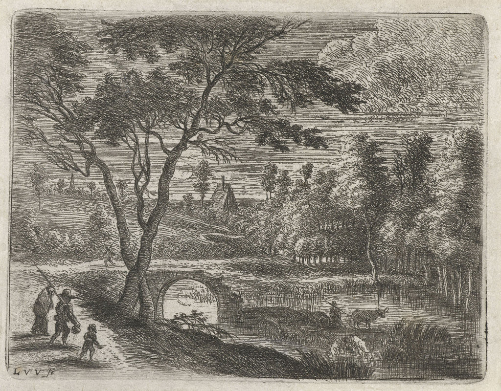 Detail of Landscape with a ruined bridge, a shepherd with cows and a man with wife and child by Lucas van Uden