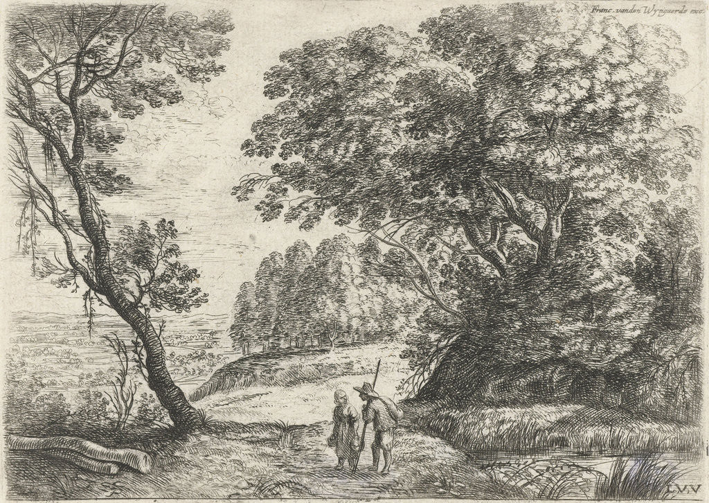 Detail of Landscape with a man and woman in conversation by Lucas van Uden