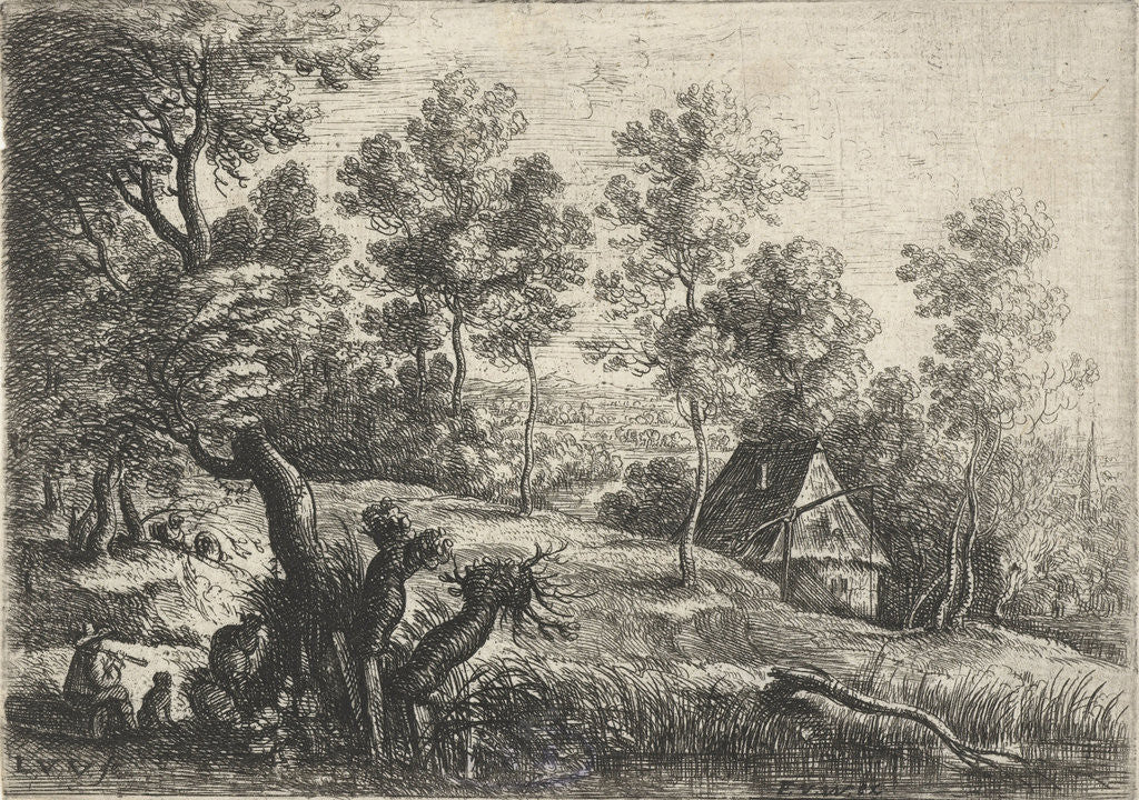 Detail of Landscape with a house and a well, in the foreground a flute-playing shepherd with his dog by Lucas van Uden