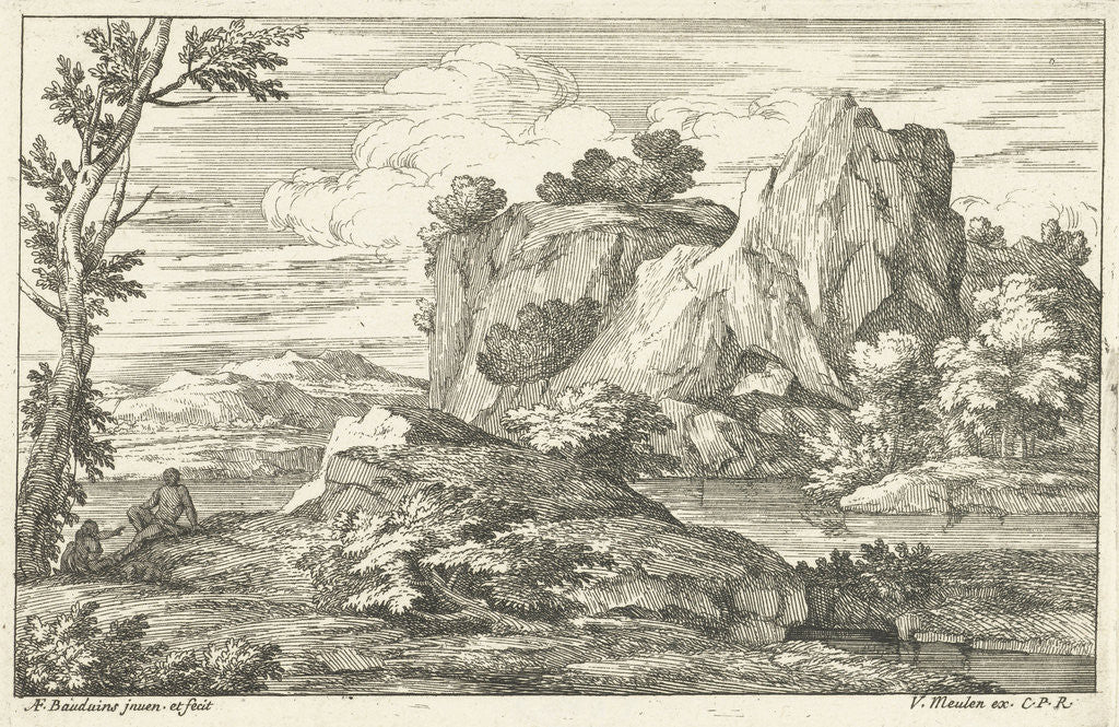 Detail of Landscape with large rock in a river by Adam Frans van der Meulen